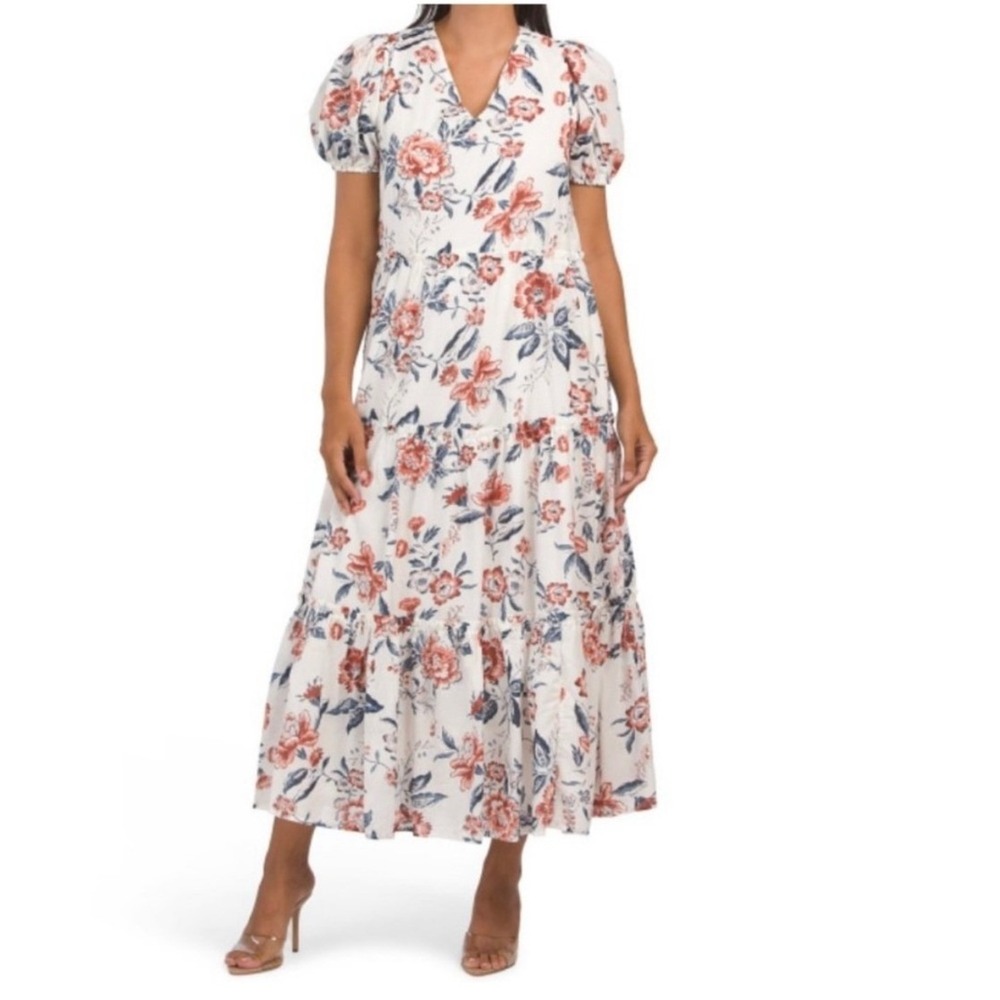 Lucky Brand Dress Floral Tiered Maxi‎ Small Puff Sleeve Boho Tie Back